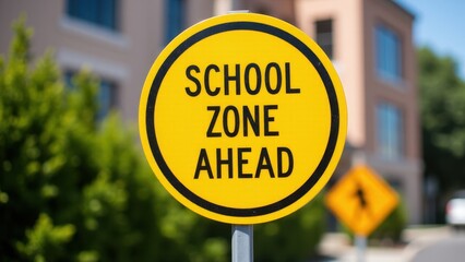 A yellow circular school zone ahead sign with a blurred background of buildings and greenery.
