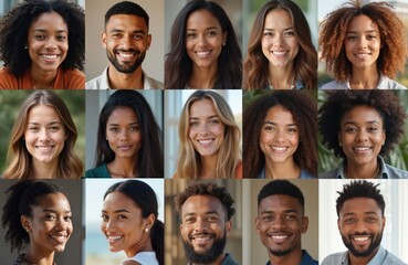 Collage of diverse people headshot avatars. Group of smiling men, women of different ethnicity, age. Team photo for company website, social media profile pic online community forum. Portraits with