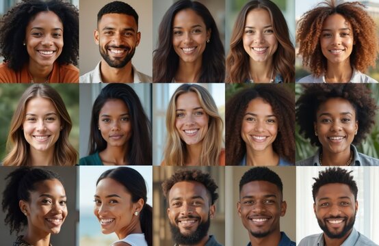 Collage of diverse people headshot avatars. Group of smiling men, women of different ethnicity, age. Team photo for company website, social media profile pic online community forum. Portraits with