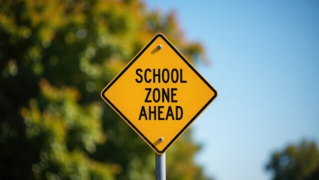 A yellow diamond-shaped school zone ahead sign with a blurred background of trees and sky.