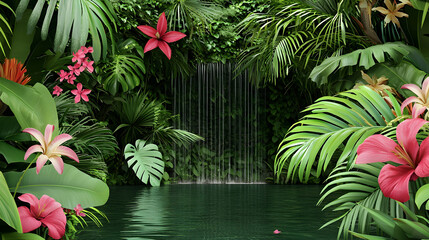 Lush Tropical Waterfall Scene With Vibrant Flowers