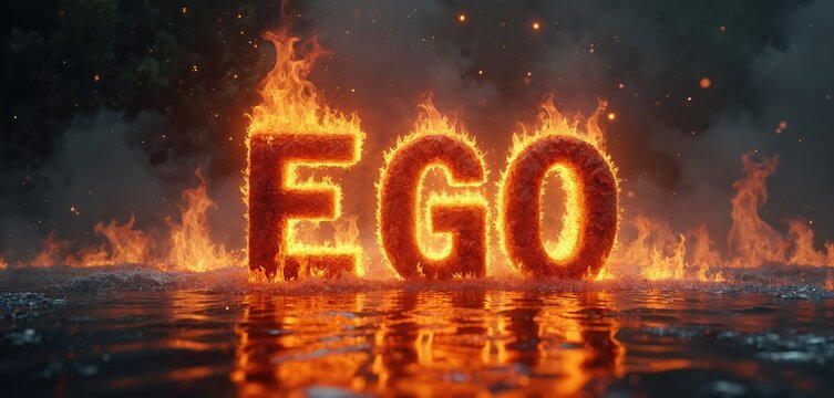 Concept of burning ego. Fiery blaze flame text in dark water reflection. Burning word of ego on fire self-destruction, challenges. Illustration of emotional intensity, inner conflict, philosophical