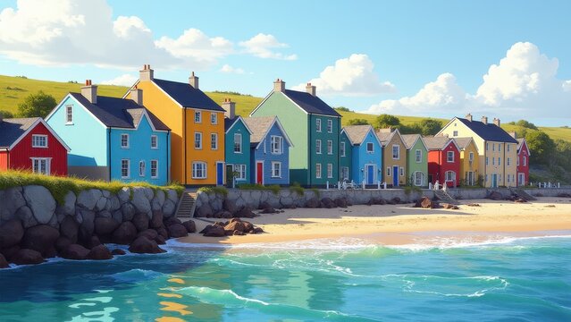 Seahouses village with colorful houses along a rocky coastline and sandy beach, under a bright blue sky with fluffy clouds.