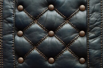 Naklejka premium Close-up of a textured black leather surface with decorative stitching and button tufting