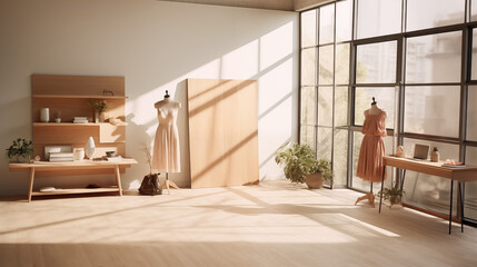 Bright and modern costume design studio with white walls and wood-colored floors, filled with plants and natural light, creating a calm and cozy atmosphere.