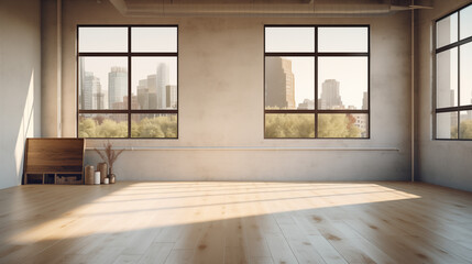 Obraz premium Bright and modern art studio with blank walls and wood-colored floors, filled with plants and natural light, creating a calm and cozy atmosphere.