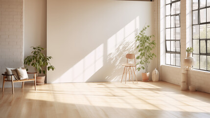 Bright and modern art studio with white walls and wood-colored floors, filled with plants and natural light, creating a calm and cozy atmosphere.