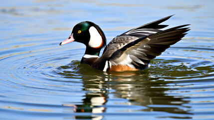 glistening, water, motion, feathers, aquatic bird, reflection, wetland, A close up shot of a bufflehead duck raising out of the water with its colorful feathers glistening in the sunlight
