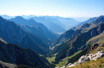 Majestic mountain range with valleys and clear blue sky