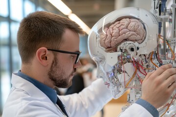 A technician carefully connects a robotic brain to a sophisticated humanoid robot, illustrating the intricate relationship between technology and human-like capabilities in robotics.