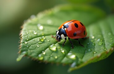 Ladybug sits on leaf in dewdrops. Beetle with red shell, black spots crawls green leaf surface. Symbol luck, prosperity. Insect in garden, forest. Dew drops sparkle sunlight. Wildlife macro.