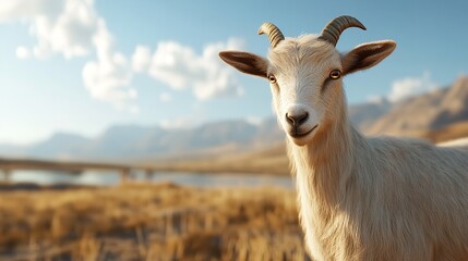 Obraz premium A serene mountain goat gazes serenely across a golden valley bathed in warm sunlight against a softly blurred backdrop.