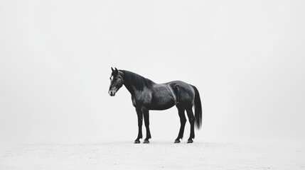 Obraz premium A striking black horse standing alone in a minimal white foggy landscape, exuding solitude and elegance