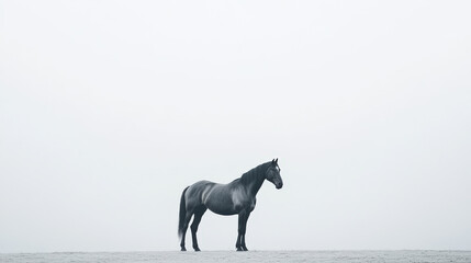 Obraz premium A striking black horse standing alone in a minimal white foggy landscape, exuding solitude and elegance