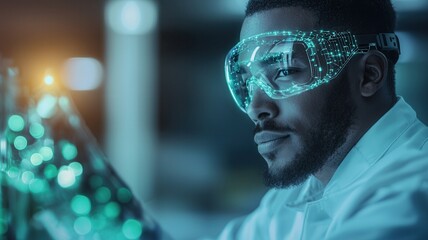 Scientist engineer calibrating robotic arm wearing augmented reality goggles analyzing a glowing sample in a laboratory, exploring the future of scientific research