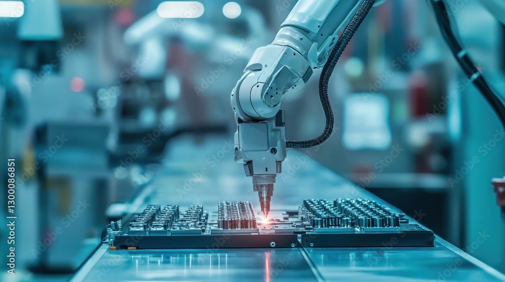Poster industrial robotic arm performing precise assembly process on circuit board automation technology co
