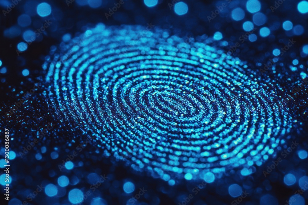 Poster glowing biometric pattern with abstract light blue fingerprint and scattered digital bokeh spheres