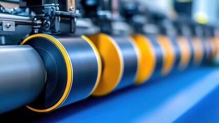 Obraz premium Colorful printing material winding through industrial machinery, revealing manufacturing process with vibrant printing colors in modern printing facility