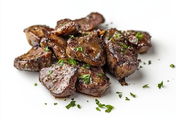 Appetizing Grilled Tenderloin Meat Pieces with Aromatic Herbs On a White Background Tabletop
