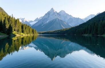 Serene mountain landscape with clear lake and pine forest reflection