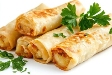 Crispy baked spring rolls with fresh green parsley garnish on white background culinary delight