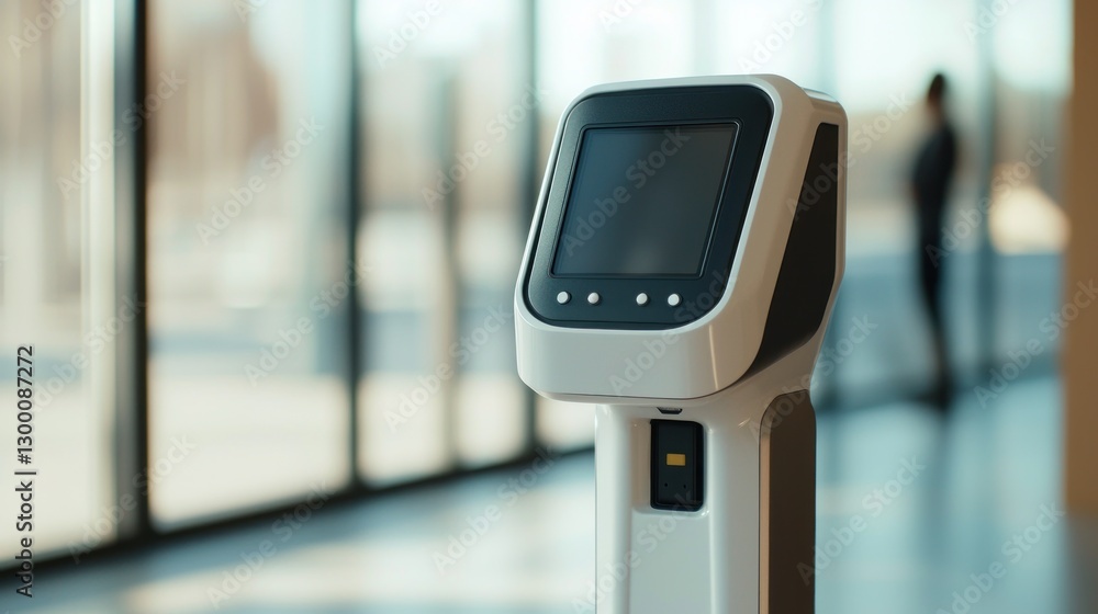 Poster modern interactive kiosk in a bright lobby setting seamless integration of technology sleek design a