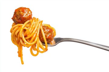 Delicious Spaghetti and Meatballs Twirled on Silver Fork Against White Backdrop Close Up Captivating Still