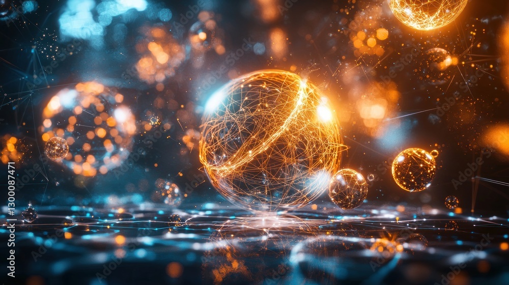 Poster futuristic network of interconnected glowing spheres on reflective surface in a cyberpunk style sett