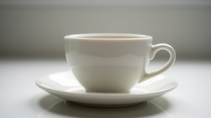 Fototapeta premium A small cup sits on a matching saucer, both made of white ceramic, with a simple and elegant design.