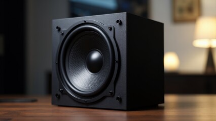 A black bass speaker on a wooden surface with a blurred background.