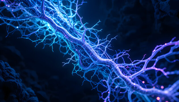 Futuristic Organic Abstract Background with Bioluminescent Veins in a Dark Void