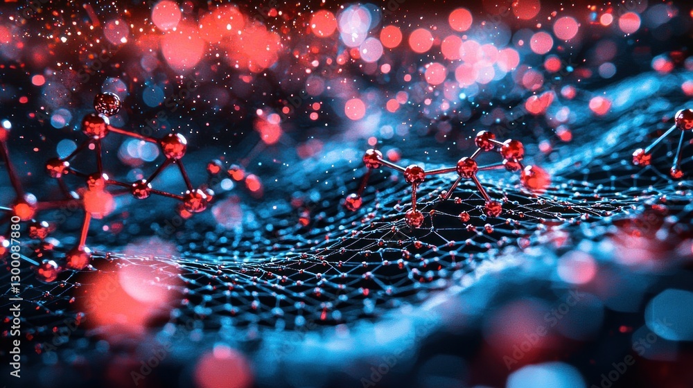 Poster abstract molecular network background of interconnected spheres and lines in deep blue and red tones