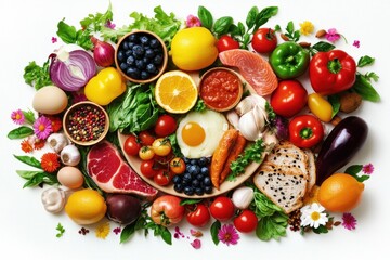 Vibrant food composition featuring protein fruits vegetables herbs and spices creates a fresh balanced healthy dietary concept