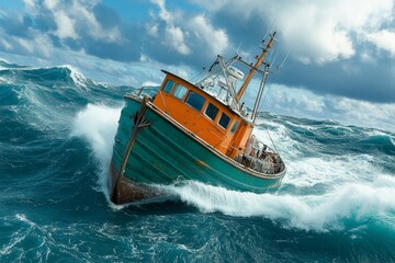 Obraz premium A fishing boat battling enormous waves in the middle of a fierce ocean storm