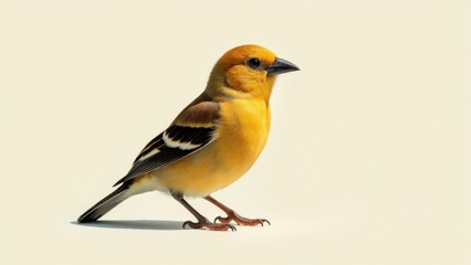 Fototapeta premium A spice finch bird with vibrant yellow and brown plumage stands on a light background.