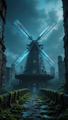 Enigmatic Windmill in a Post Apocalyptic Cityscape A Mystical View of an Overgrown Bridge Leading to a Forgotten Mill
