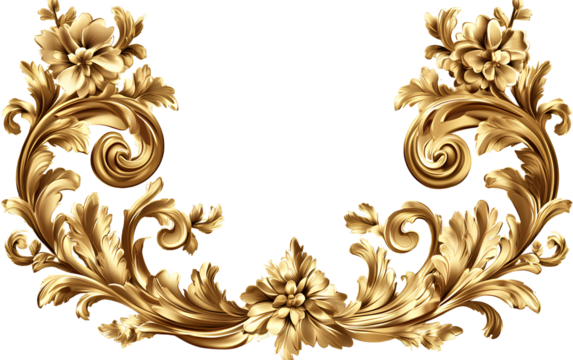 Golden baroque ornament isolated on transparent background, cutout, PNG file
