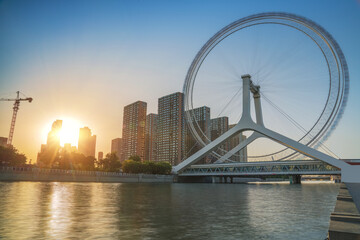 Fototapeta premium The urban architectural skyline, modern bridges, and Haihe River scenery of Tianjin, China on August 11, 2024