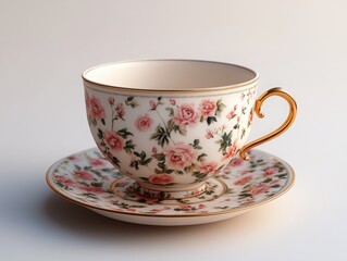 Elegant Floral Tea Cup and Saucer with Gold Trim, Symbolizing Femininity and Celebration, Perfect for Women's Day or Special Occasions.