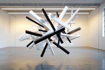 Artistic geometric sculpture monochrome composition art installation in spacious gallery interior perspective view