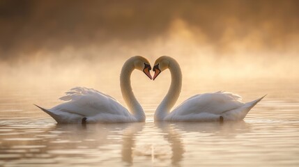 Enchanting Scene of Two Swans Creating a Heart Shape on a Misty Lake
