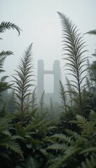 Naklejka premium Misty Morning View Fern Fronds Frame a Fog Shrouded Modern Structure