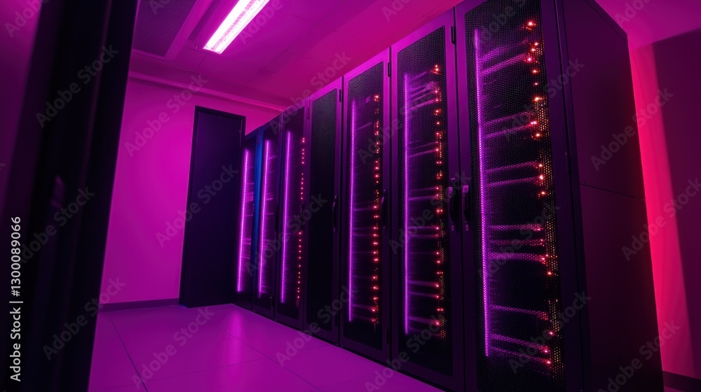 Poster server room illuminated by vibrant neon lights modern data center infrastructure server racks
