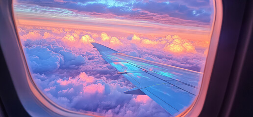 Stunning Airplane Window View – Fluffy White Clouds, Radiant Sunrise or Sunset, and Airplane Wing Soaring Towards the Horizon, Evoking a Sense of Freedom and Adventure