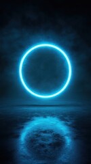 Neon Blue Circular Light Reflection on Water Surface with Atmospheric Fog in Background