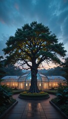 Majestic Tree Stands Tall Before Illuminated Glasshouse at Dusk Tranquil Serene Botanical Garden Scene