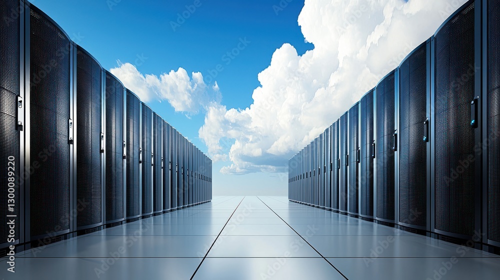 Poster modern data center with servers under a blue sky and fluffy white clouds, a futuristic cloud computi
