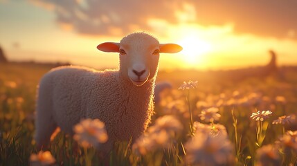 Obraz premium A gentle lamb basking in the golden sunset, surrounded by wildflowers in a peaceful pasture, bathed in warm light.