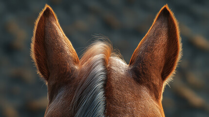 Rear view of a horse's ears and mane with soft golden sunlight illuminating the edges

