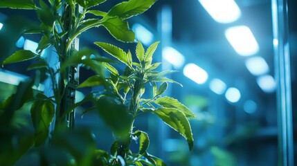 Naklejka premium Cultivating life bright light indoor vertical farm fresh organic leaves plant growth scientific cultivation